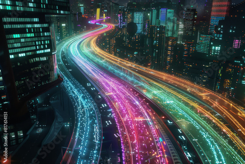 Two parallel expressways cutting through the cityscape  stretching into the distance. Rather than traditional vehicle lights  the expressways are illuminated with vibrant  swirling lights