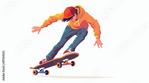 Modern skateboarder riding skateboard. Young male ska photo