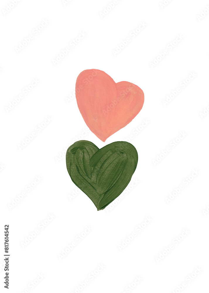 Hearts in a modern style. Green and peach. Geometric element. Abstract painting with acrylic and flat brush. Collection of doodles. White background Hearts in a modern style. Green and peach. Geometric element. Abstract painting with acrylic and flat brush. Collection of doodles. White background