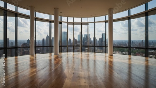 Gallery room with floor to ceiling windows and city view