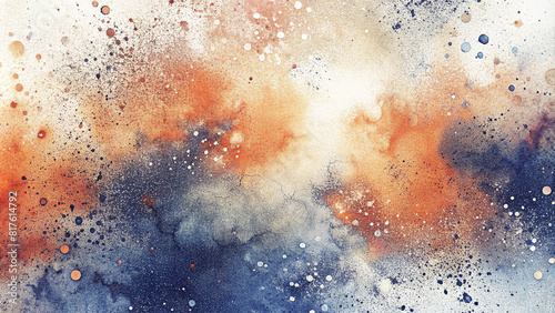 Abstract Watercolor Painting with Vibrant Splashes of Orange, Blue, White, and Black Hues. Dynamic Composition Resembling a Cosmic Scene or Aerial View of a Colorful Landscape.