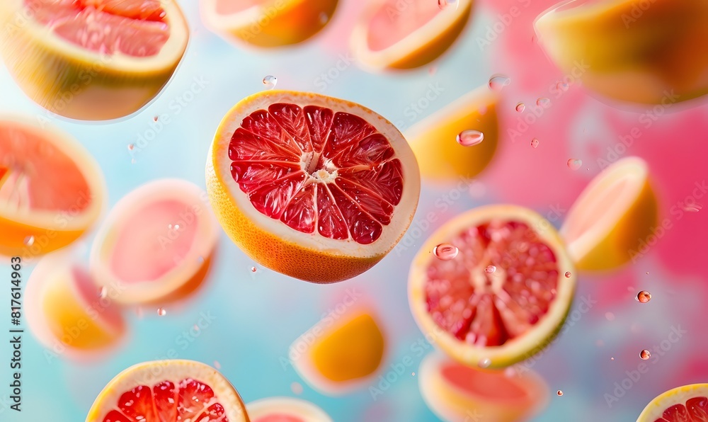 Close up of grapefruit flying in the air a colorful background, Generative AI Close up of grapefruit flying in the air a colorful background, Generative AI