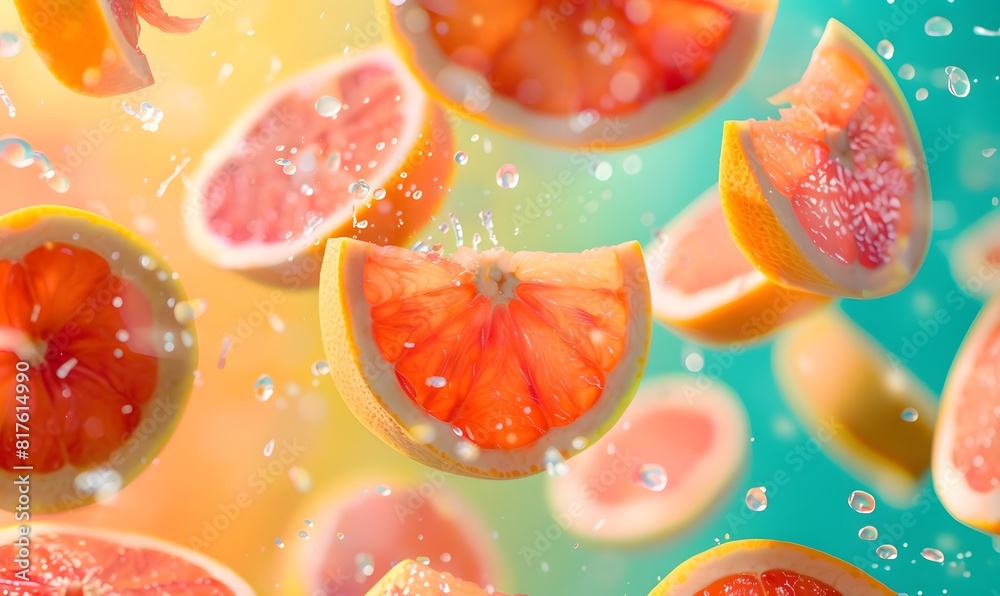 Close up of grapefruit flying in the air a colorful background, Generative AI Close up of grapefruit flying in the air a colorful background, Generative AI
