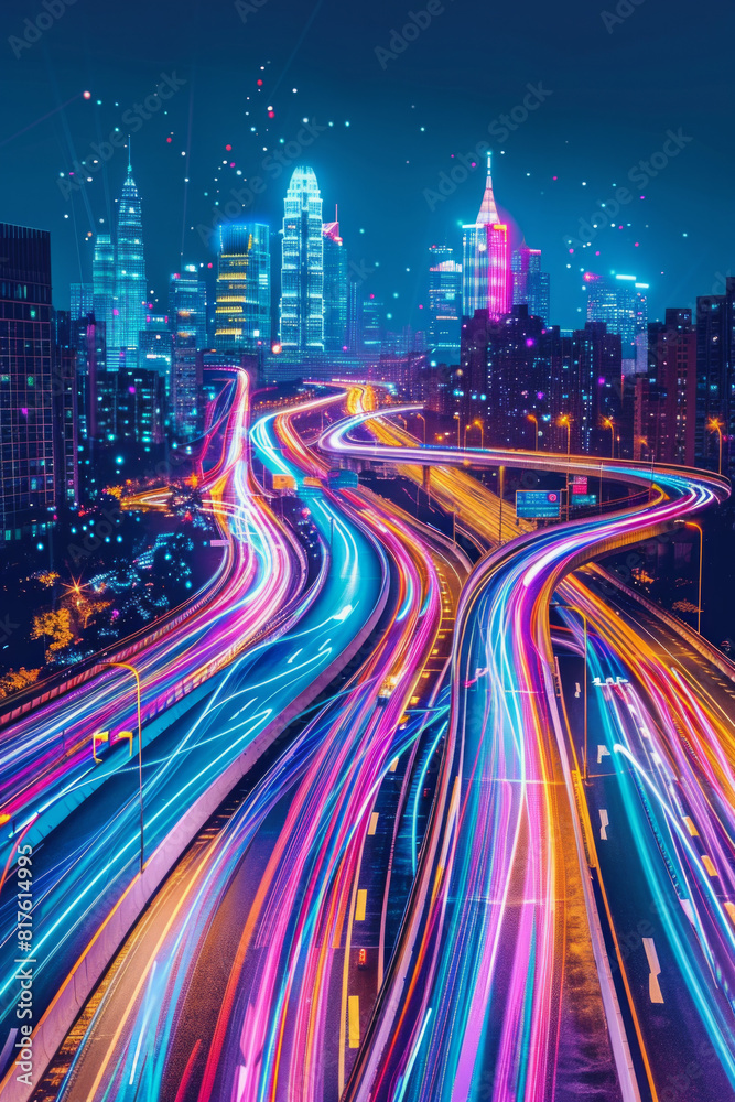 Obraz premium Two parallel expressways cutting through the cityscape, stretching into the distance. Rather than traditional vehicle lights, the expressways are illuminated with vibrant, swirling lights