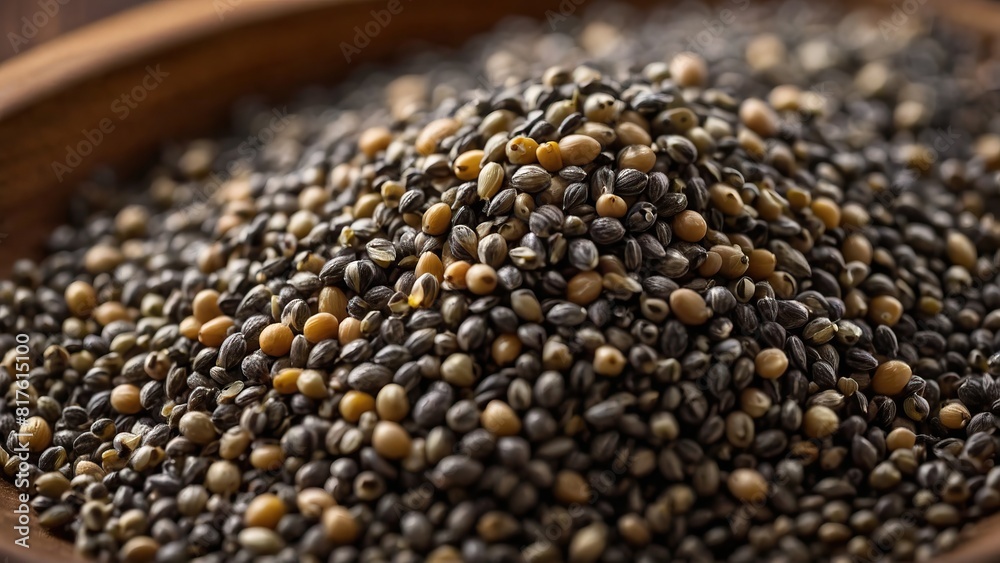 Close up of chia seeds showcasing their small, detailed texture and variety Close up of chia seeds showcasing their small, detailed texture and variety
