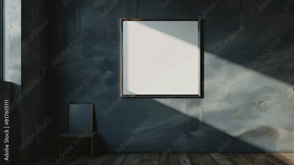 Dark Minimalistic Interior with Wooden Wall and Simple Mock-up Frame Dark Minimalistic Interior with Wooden Wall and Simple Mock-up Frame