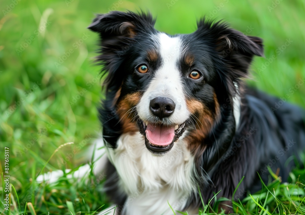 Happy Australian Shepherd Dog Lying on Green Grass Outdoor