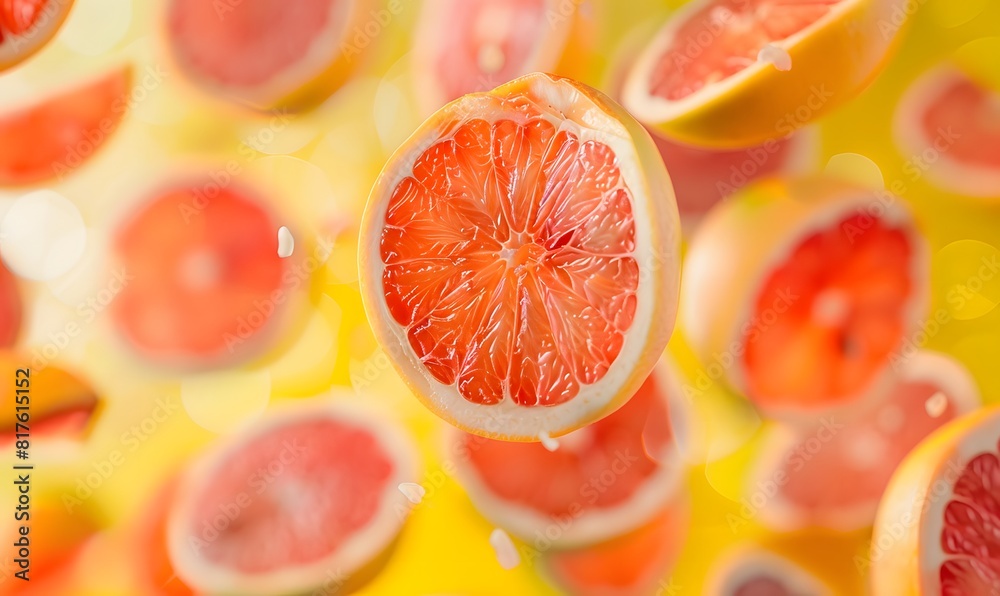 Close up of grapefruit flying in the air a colorful background, Generative AI Close up of grapefruit flying in the air a colorful background, Generative AI