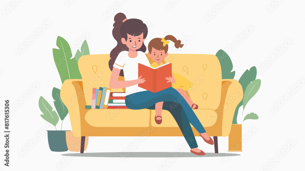 Mother and child reading book together sitting on sof