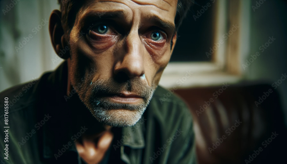 A man with a sad expression on his face. He is wearing a green shirt. The image has a melancholic mood A man with a sad expression on his face. He is wearing a green shirt. The image has a melancholic mood