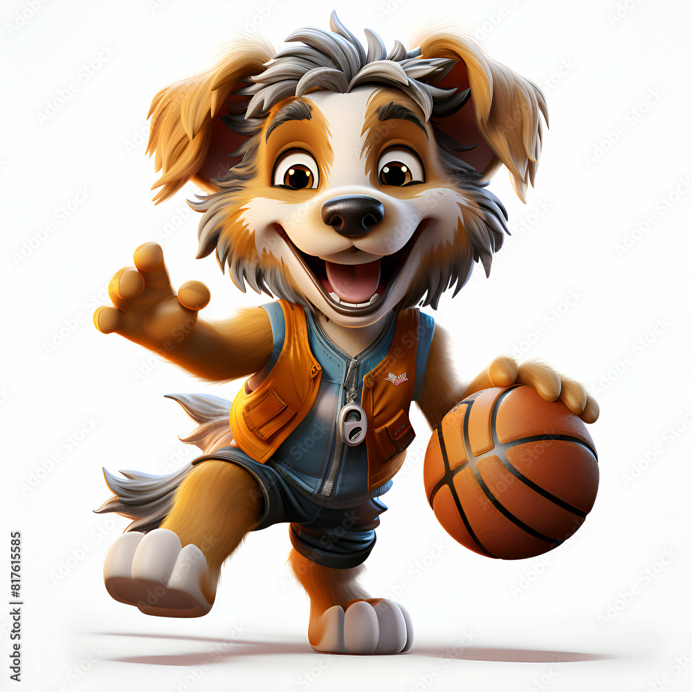 Cartoon dog playing basketball isolated on white background 3d ...
