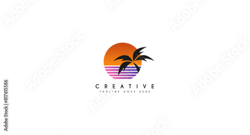 Palm tree with sunset logo design vector illustration.