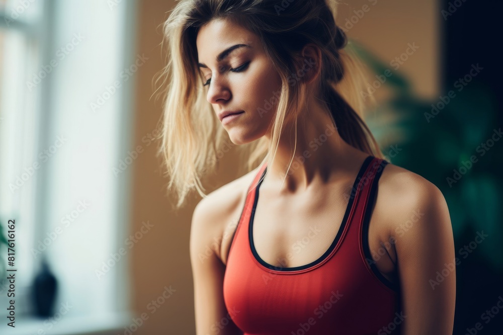 Close up photo of a young woman in sportswear kneeling in living room tired after yoga training in the morning