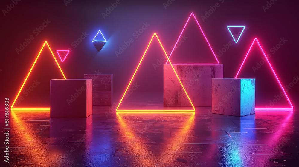 Abstract 3D shapes with glowing neon accents