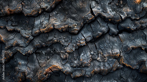 Vivid close-up of a mountain's surface after being ravaged by fire, showing intricate details of ashes and charred flora