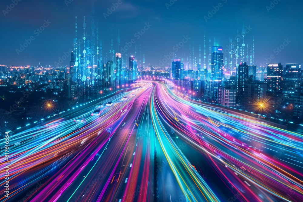Obraz premium Two parallel expressways cutting through the cityscape, stretching into the distance. Rather than traditional vehicle lights, the expressways are illuminated with vibrant, swirling lights
