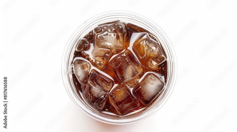 Transparent plastic cup with iced coffee, viewed from above, demonstrating product quality with a lid, isolated for clear display Transparent plastic cup with iced coffee, viewed from above, demonstrating product quality with a lid, isolated for clear display