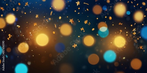 abstract background with dark blue and gold particles. Christmas and new year golden light particles illuminate bokeh in the background.