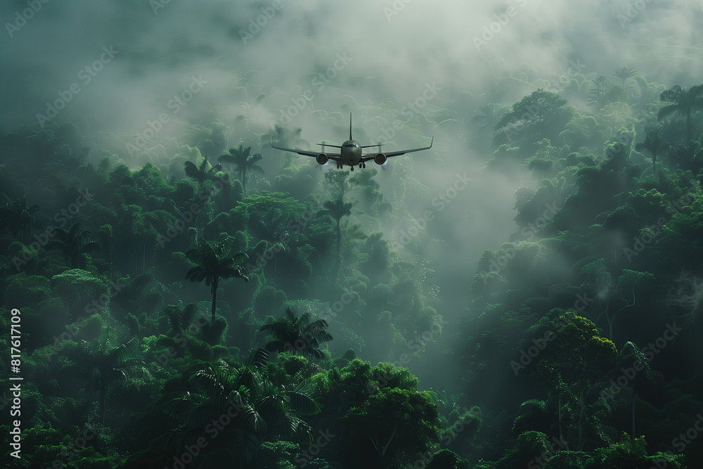 Cinematic photo of airplane with foggy forest in background Cinematic photo of airplane with foggy forest in background