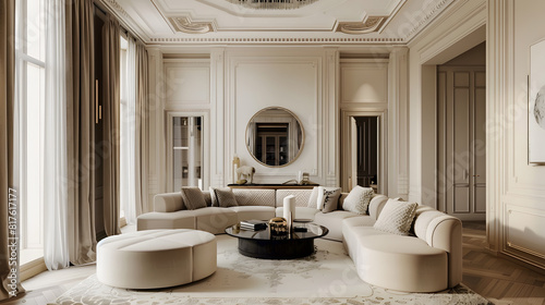 luxury living room design  bright beige interior apartment  panorama  3d render