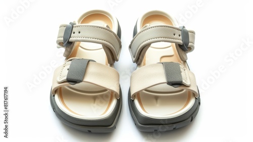 Toddler sandals in subtle shades of beige and gray, foam slippers designed for both boys and girls, captured in high detail, isolated