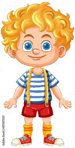 Smiling boy with curly hair and suspenders