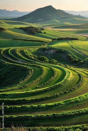 A picturesque view of terraced farmland with lush green fields and rolling hills, capturing the beauty of agricultural landscapes.