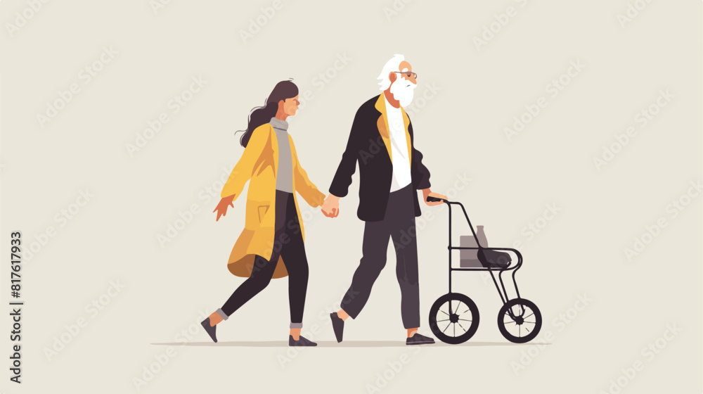 Old bearded man walking with walker and woman dressed