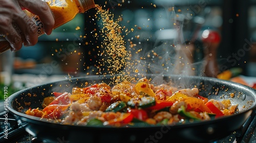 A wok filled with chopped tomatoes being stirred with a spatula photo