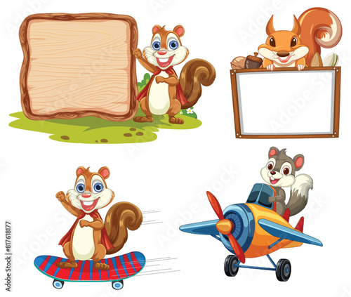 Cartoon squirrels engaging in playful activities