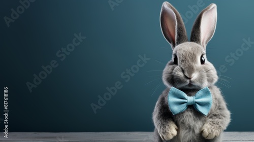 A cute gray bunny wearing a blue bow tie is sitting on a wooden table