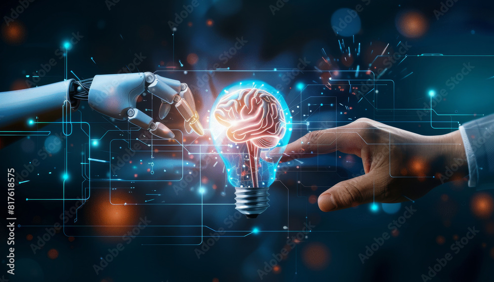 Fototapeta premium A robot is touching a light bulb with its hand by AI generated image