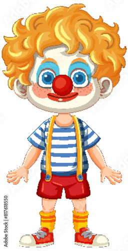 Colorful clown with curly hair and red nose