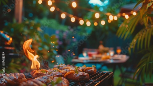 Summer BBQ atmosphere captured in a backyard, with a focus on the setting and a blurred grill, conveying warmth and hospitality