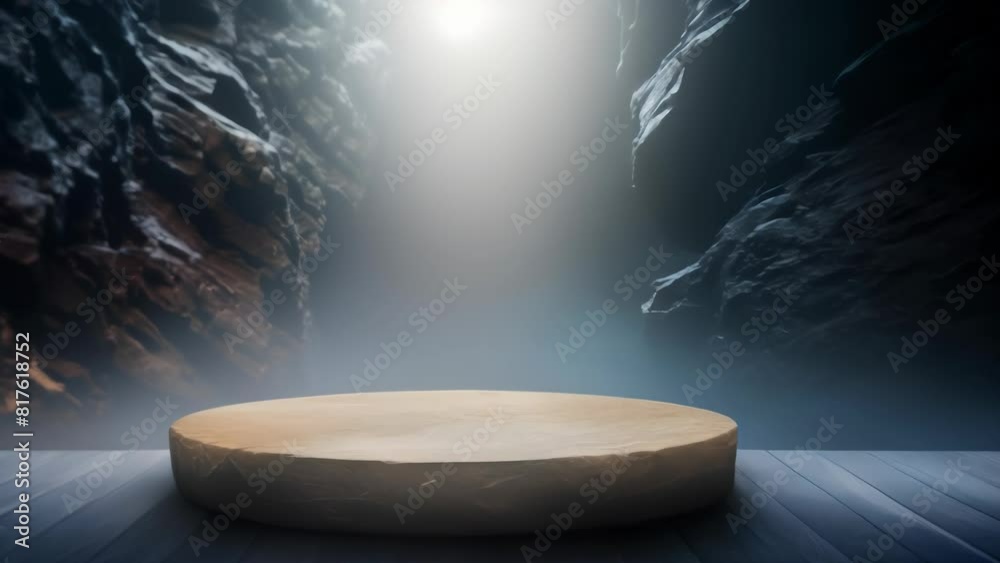 An empty stone pedestal illuminated by a spotlight stands in the center ...