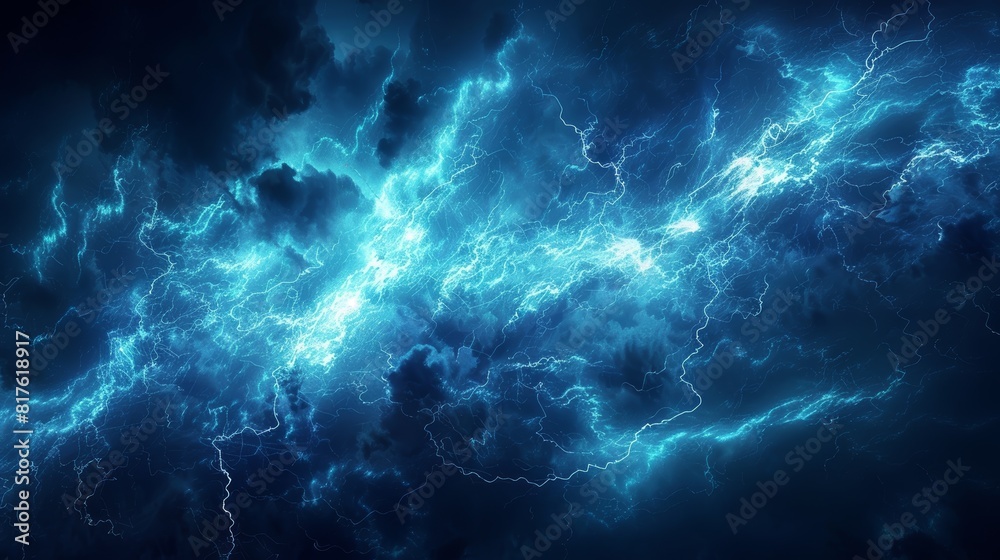 Blue abstract fractal lightning strikes across a black background.