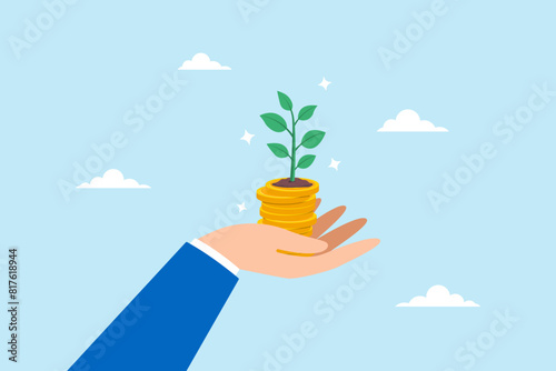 Flat illustration of hand holding pile coin growing plant investments nurturing aspect potential