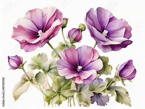 Purple mallow flowers on white background Purple mallow flowers watercolor