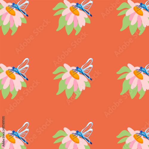 Seamless pattern wildflower daisy dragonfly Plant flower graphic card Orange poster banner Spring summer fabric clothing Coral backdrop packaging wallpaper Template textile cover