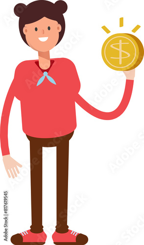 Cute Girl Character Holding Dollar Coin 