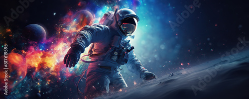 Astronaut in Space Suit Walking Through Space