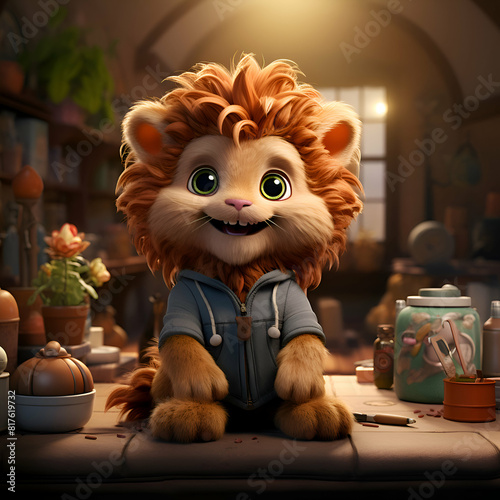 3d rendering of cute lion sitting in a pottery workshop.