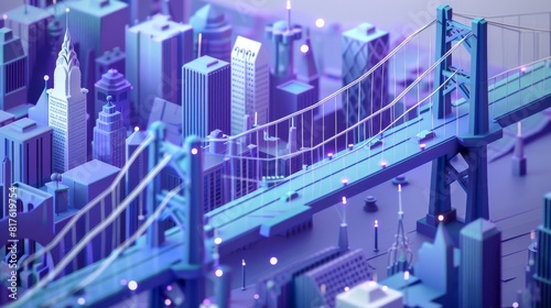 A cityscape with a bridge in the middle. The bridge is blue and has a purple hue. The city is full of tall buildings and the bridge is the main focus of the image photo