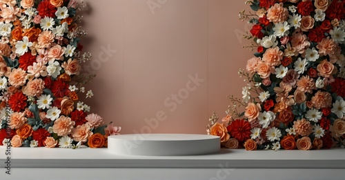 Floral podium backdrop for beauty product showcase