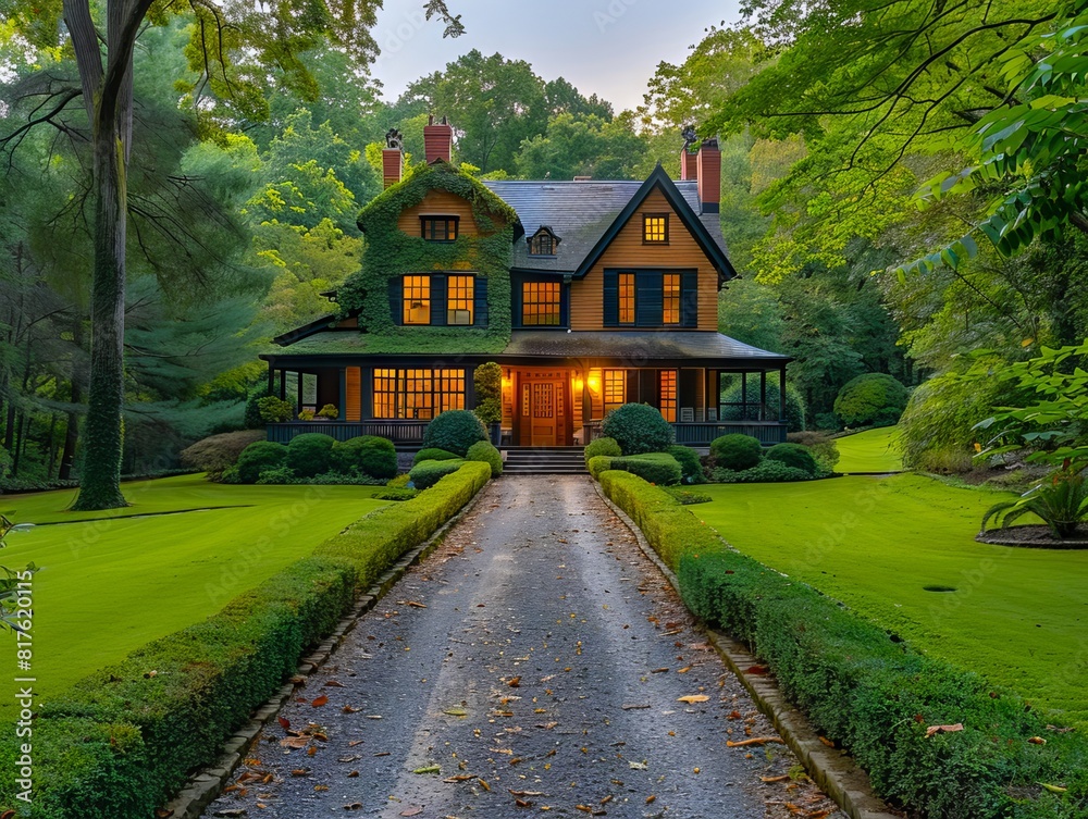 Fototapeta premium A large house with a driveway leading to it.