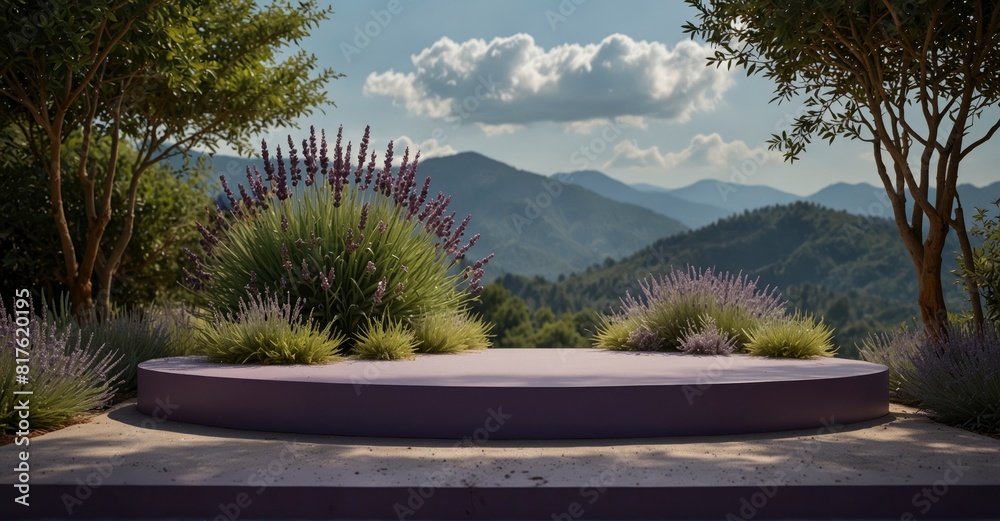 Lavender podium with nature-inspired backdrop for product showcase Lavender podium with nature-inspired backdrop for product showcase