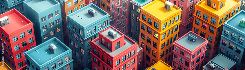 eco architecture in a city, illustrated from a top view with vibrant complementary colors