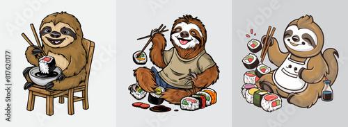 Happy sloth enjoying sushi with a big smile, Generative AI