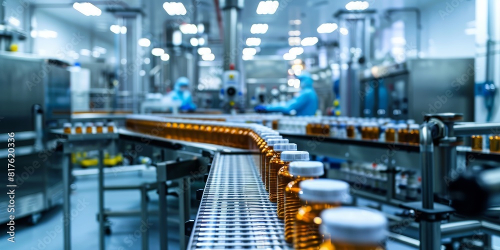 Factory Producing Medicine Bottles on Conveyor Belt Factory Producing Medicine Bottles on Conveyor Belt
