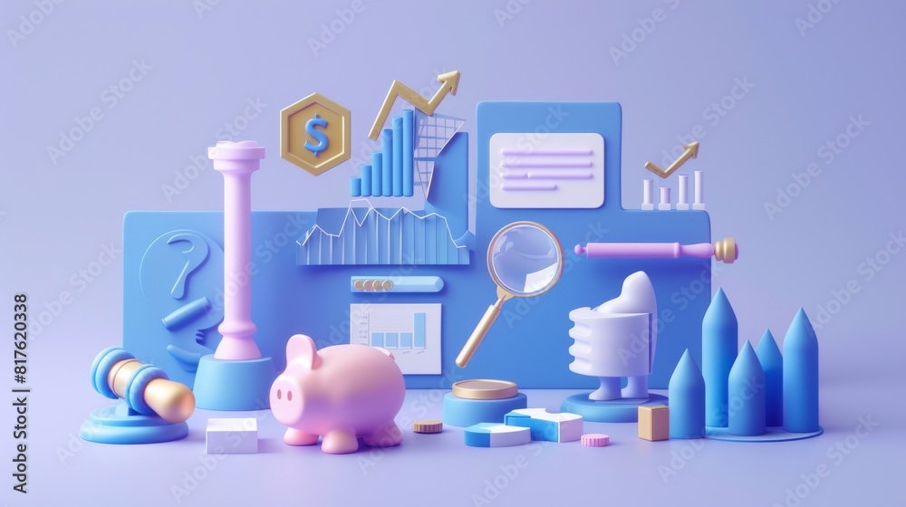 A blue background with a pink piggy bank and a gold coin. The piggy bank is on the left side of the image and the coin is on the right. There are also some other objects like a book, a bottle A blue background with a pink piggy bank and a gold coin. The piggy bank is on the left side of the image and the coin is on the right. There are also some other objects like a book, a bottle